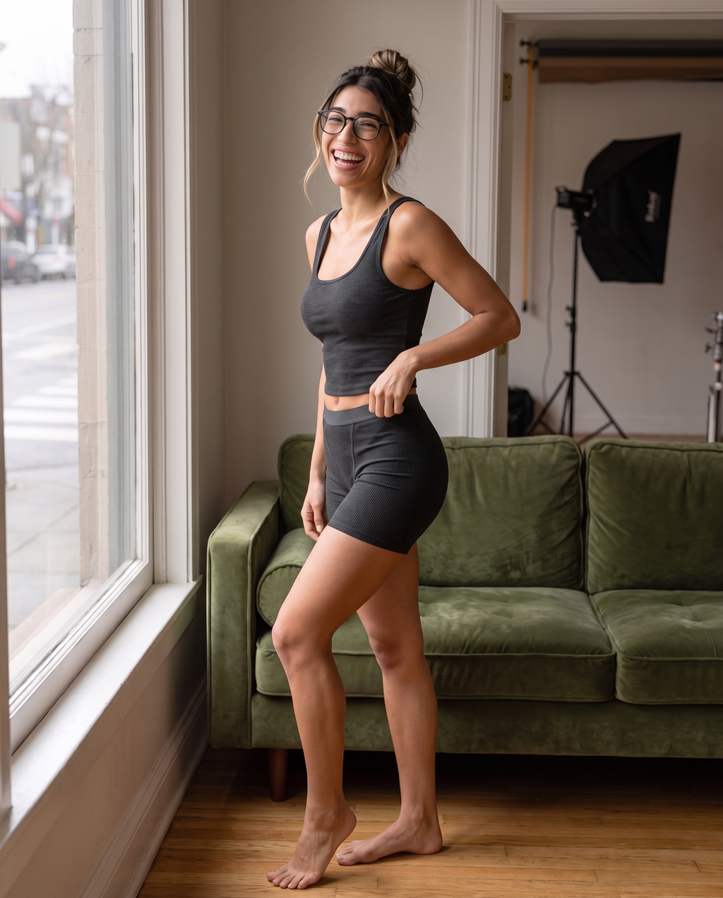 Model wearing the Ribbed Lounge Boxer Short in charcoal black, full-body view