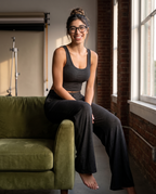 Product shot of the Ribbed Lounge Wide-Leg Pants in charcoal black
