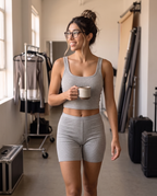 Model in a hallway wearing the gray Ribbed Lounge Tank Top