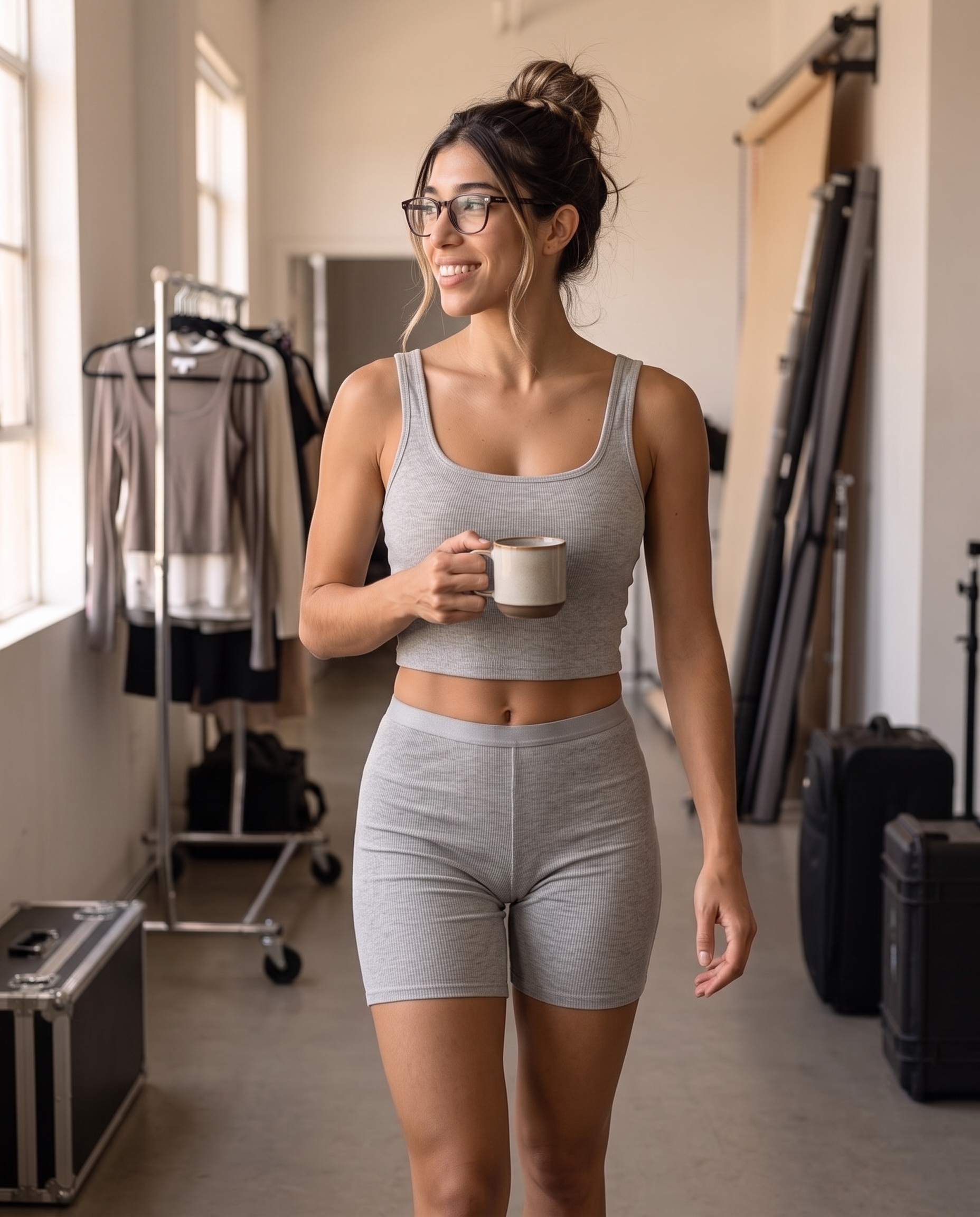 Model in a hallway wearing the gray Ribbed Lounge Tank Top