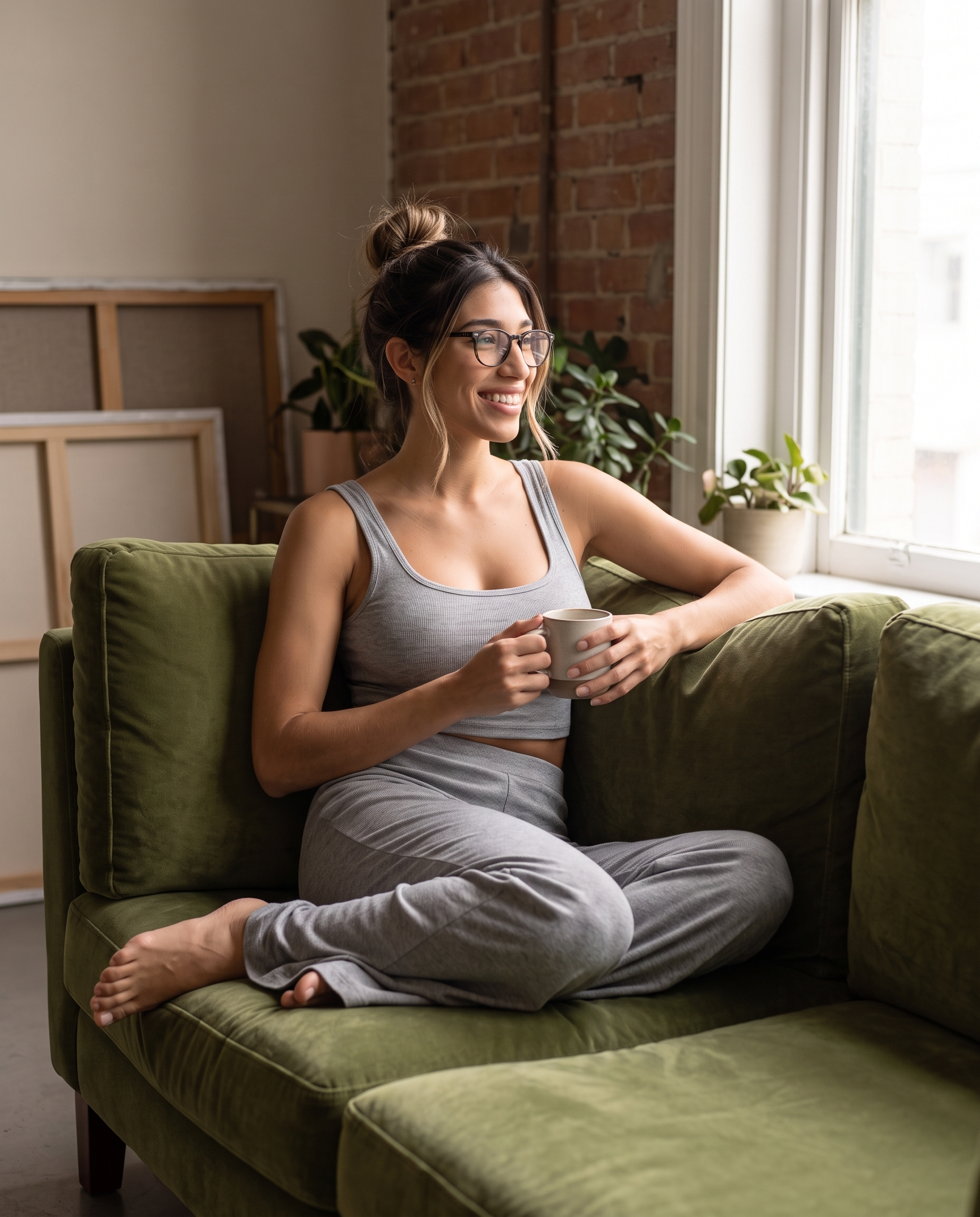 Model relaxing on a green couch in the gray Ribbed Lounge Wide-Leg Pants