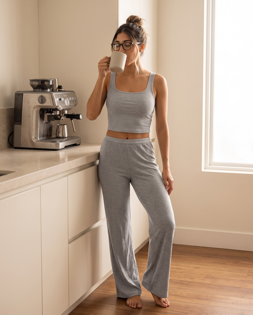 Model having coffee in the gray Ribbed Lounge Wide-Leg Pants