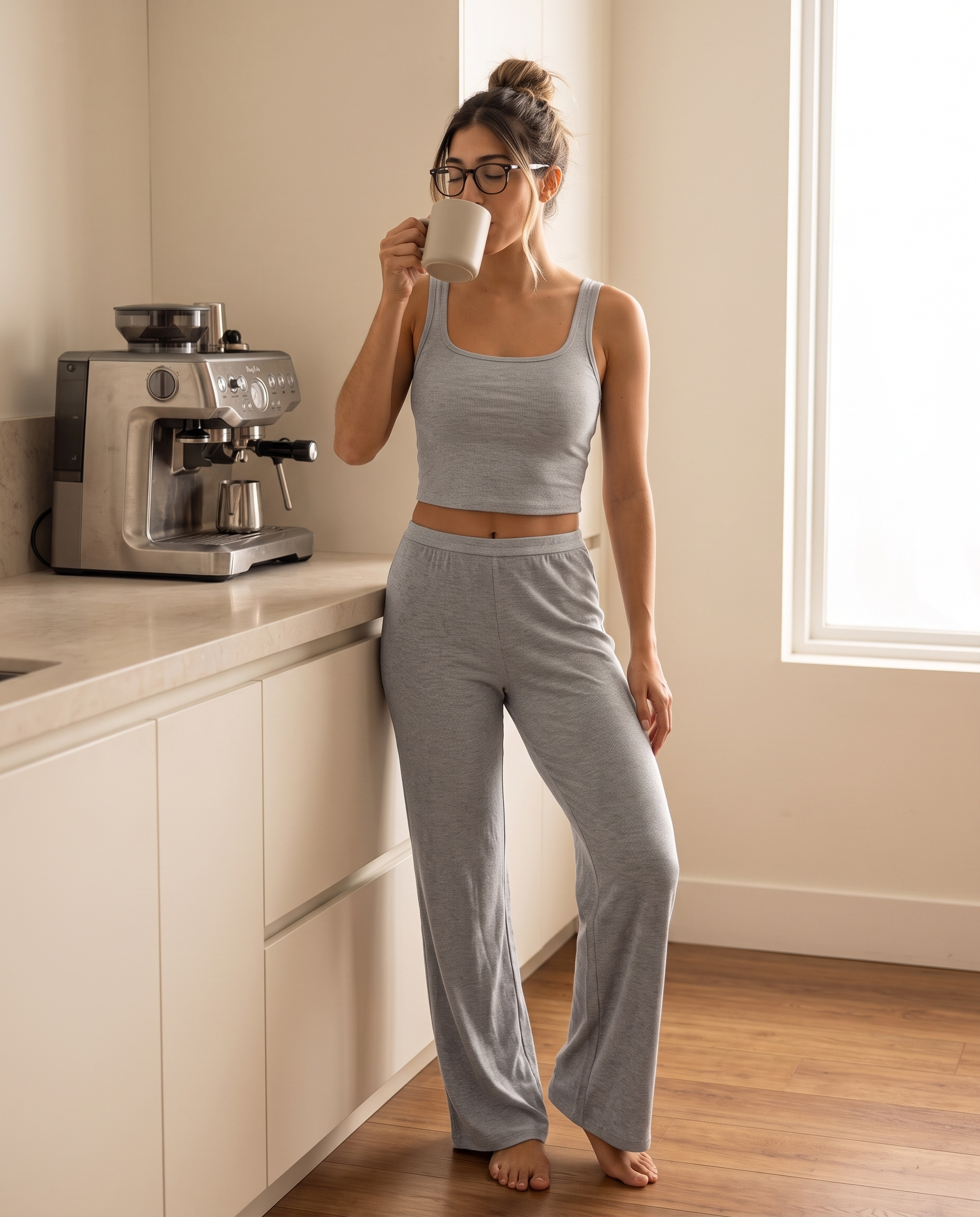 Model having coffee in the gray Ribbed Lounge Wide-Leg Pants