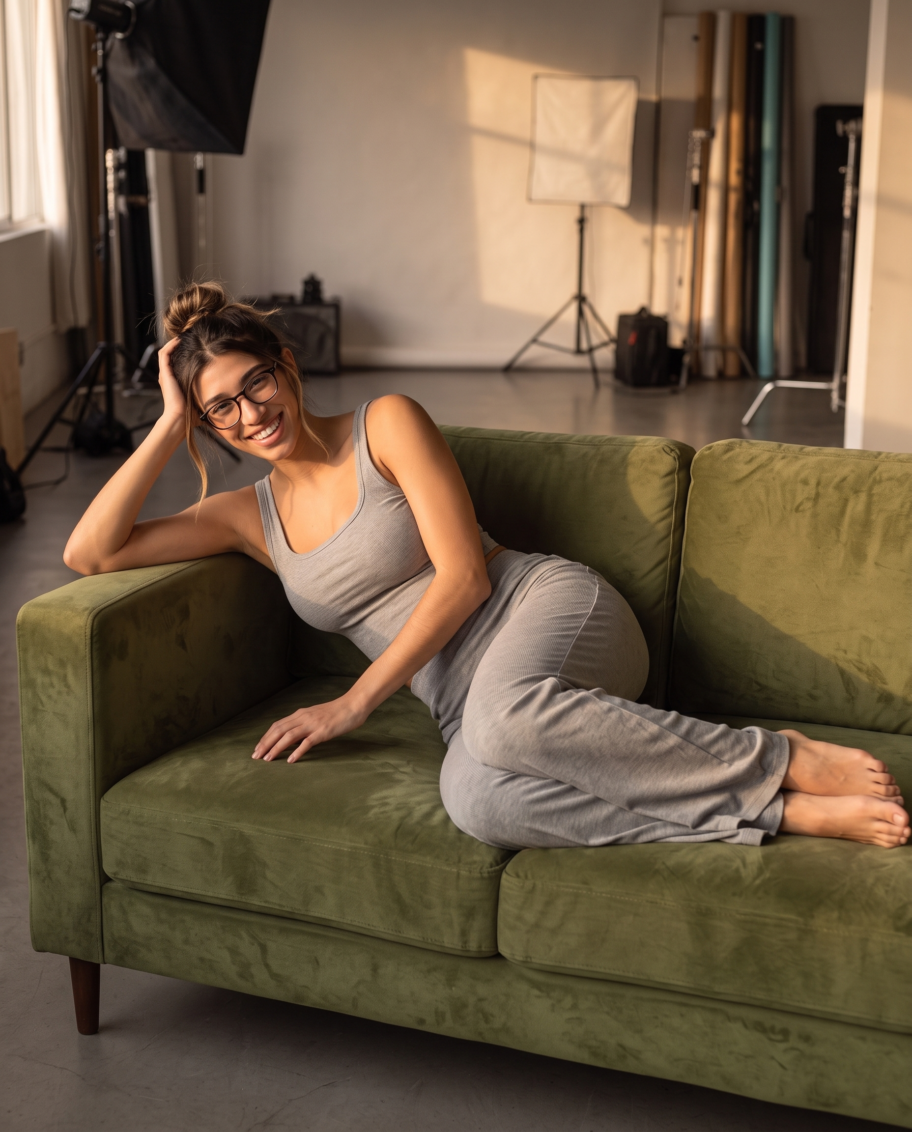 Model lounging on a couch in the gray Ribbed Lounge Wide-Leg Pants in late-day light