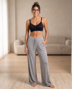 Model wearing the Ribbed Lounge Wide-Leg Pants in gray, front view