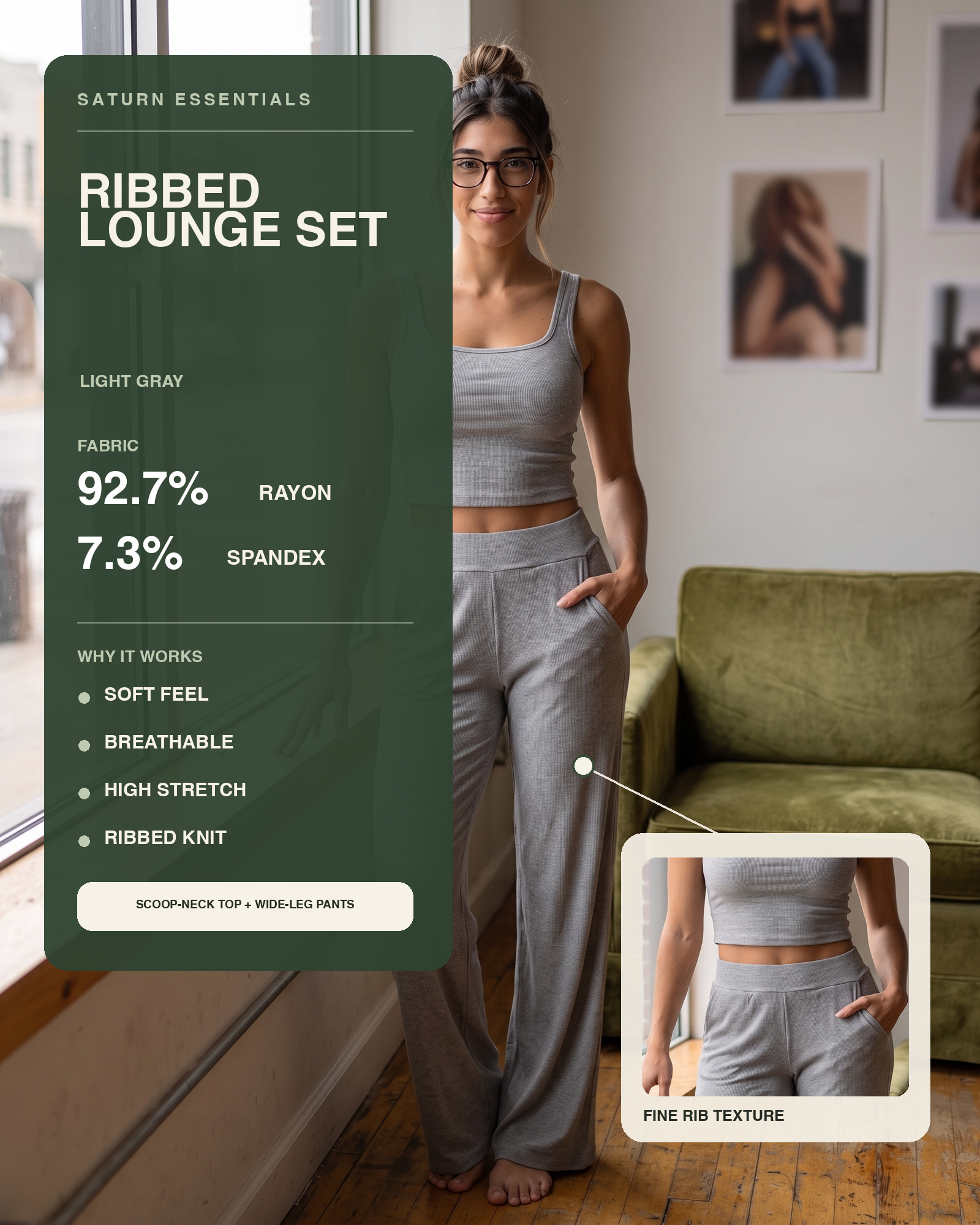 Graphic showing the Ribbed Lounge Set fabric: 92.7% rayon, 7.3% spandex, with a fine rib texture close-up