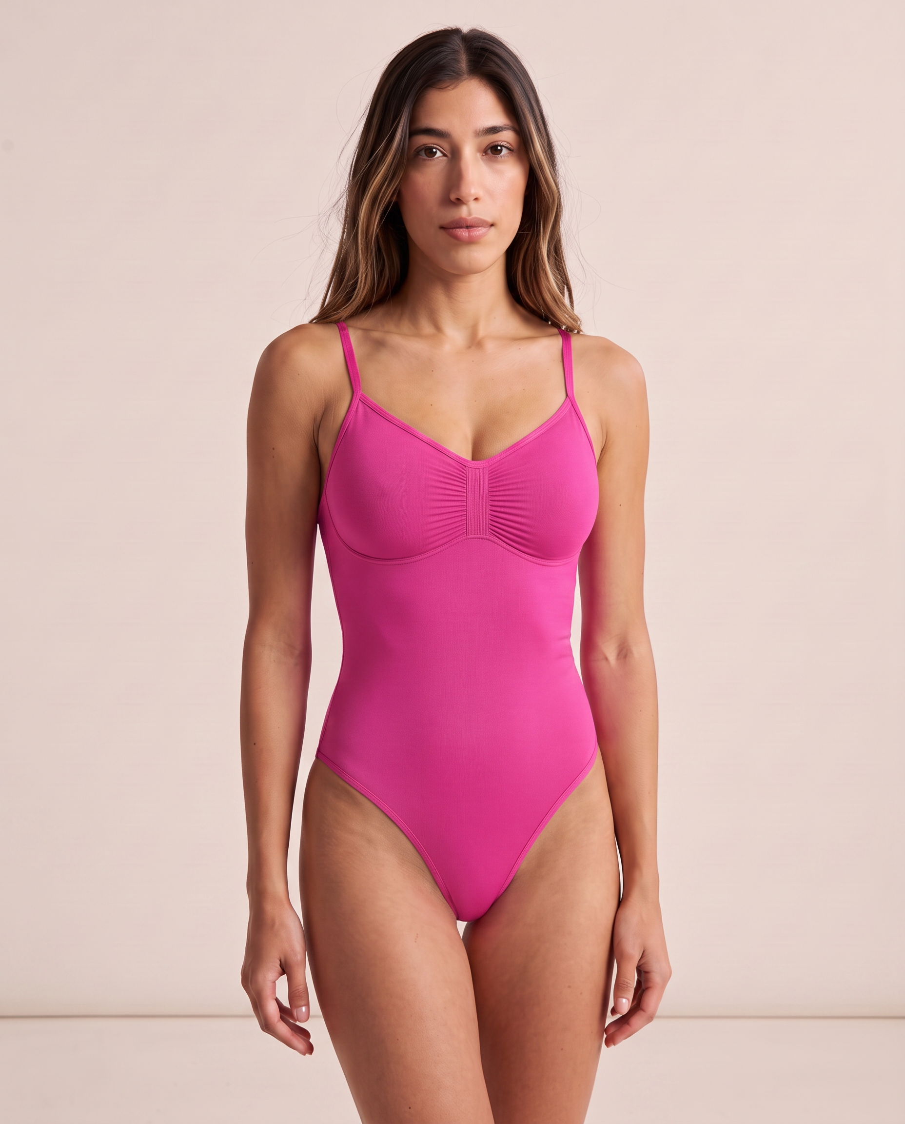 The One & Done Shaping Bodysuit in Hot Pink, front view. The front is cut the same on the Brief Back and the Thong Back.