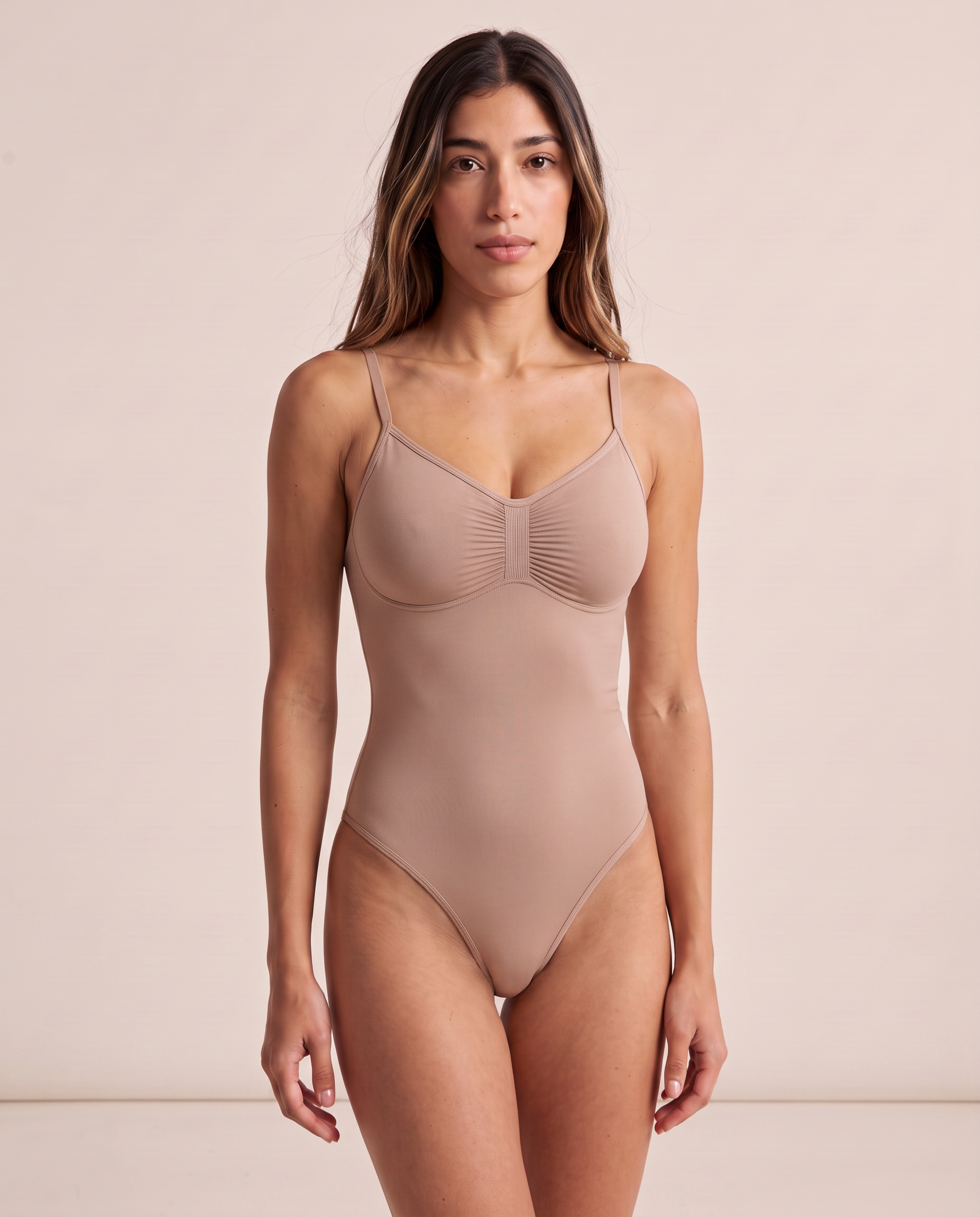 Model wearing the full coverage One & Done Shaping Bodysuit in the light skin shade