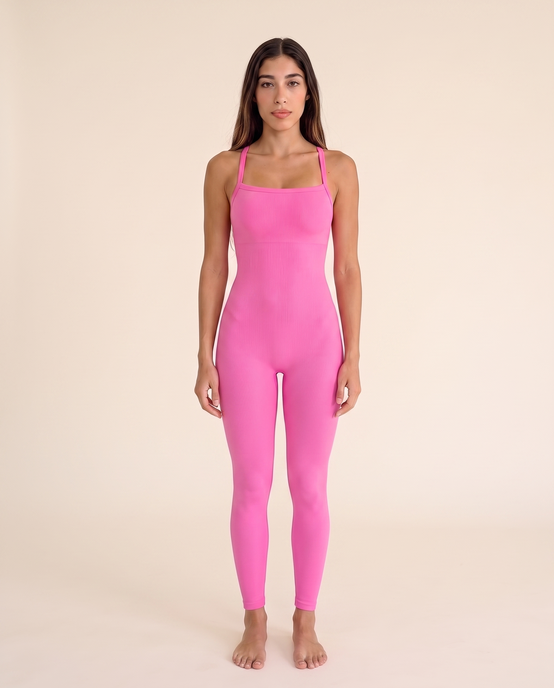 Straight-on front view of the Bra-Free Shaping Jumpsuit in Blush Pink, showing the square neckline and smooth double-layered chest.