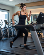 Model sprinting on a treadmill in the Bra-Free Shaping Jumpsuit in Black.