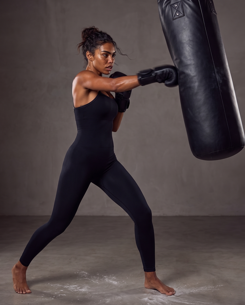 Model working a heavy bag in the Bra-Free Shaping Jumpsuit in Black.
