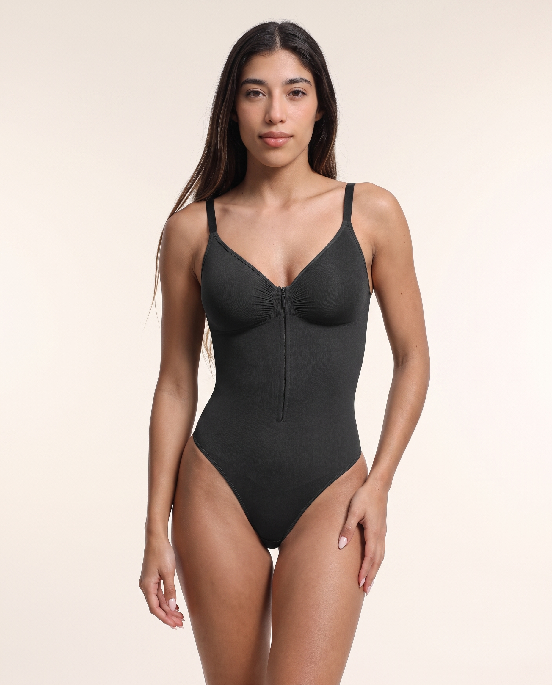 Straight-on front view of the Plunge Chest-Support Bodysuit in Black, fully zipped.