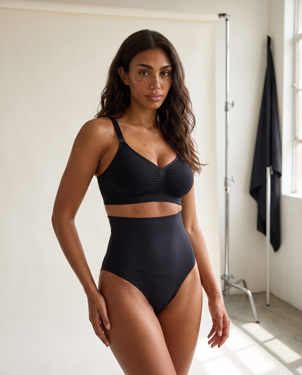 No-Show Tummy Control Thong in Black — front view.