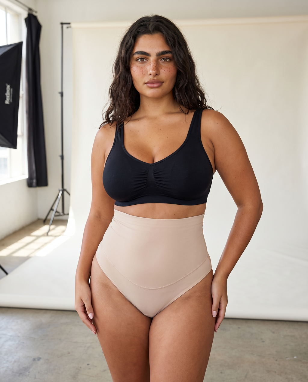 No-Show Tummy Control Thong in Light Nude — side view.