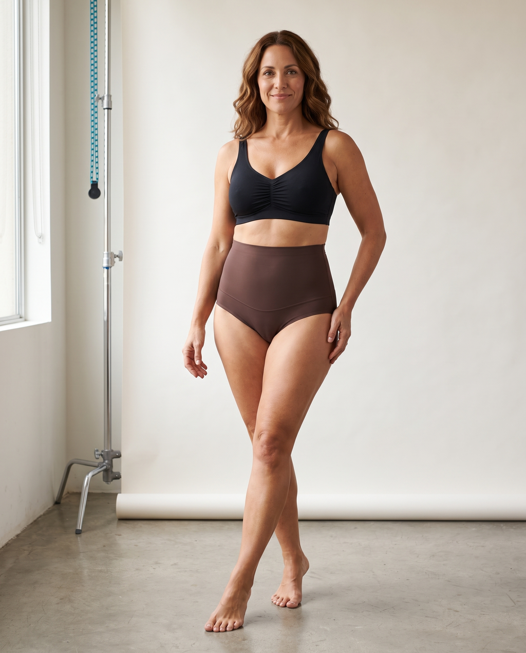 No-Show Tummy Control Thong in Deep Nude — three-quarter view.