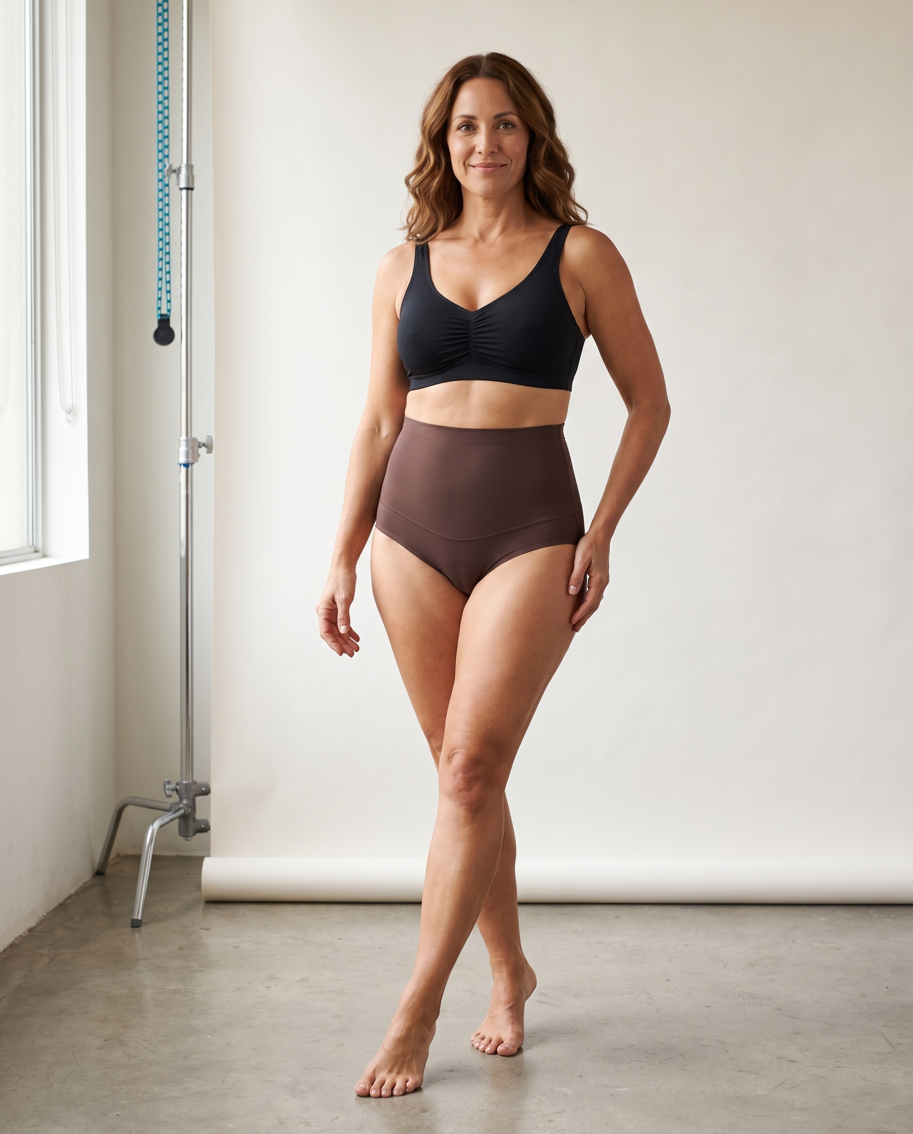 No-Show Tummy Control Thong in Deep Nude — three-quarter view.