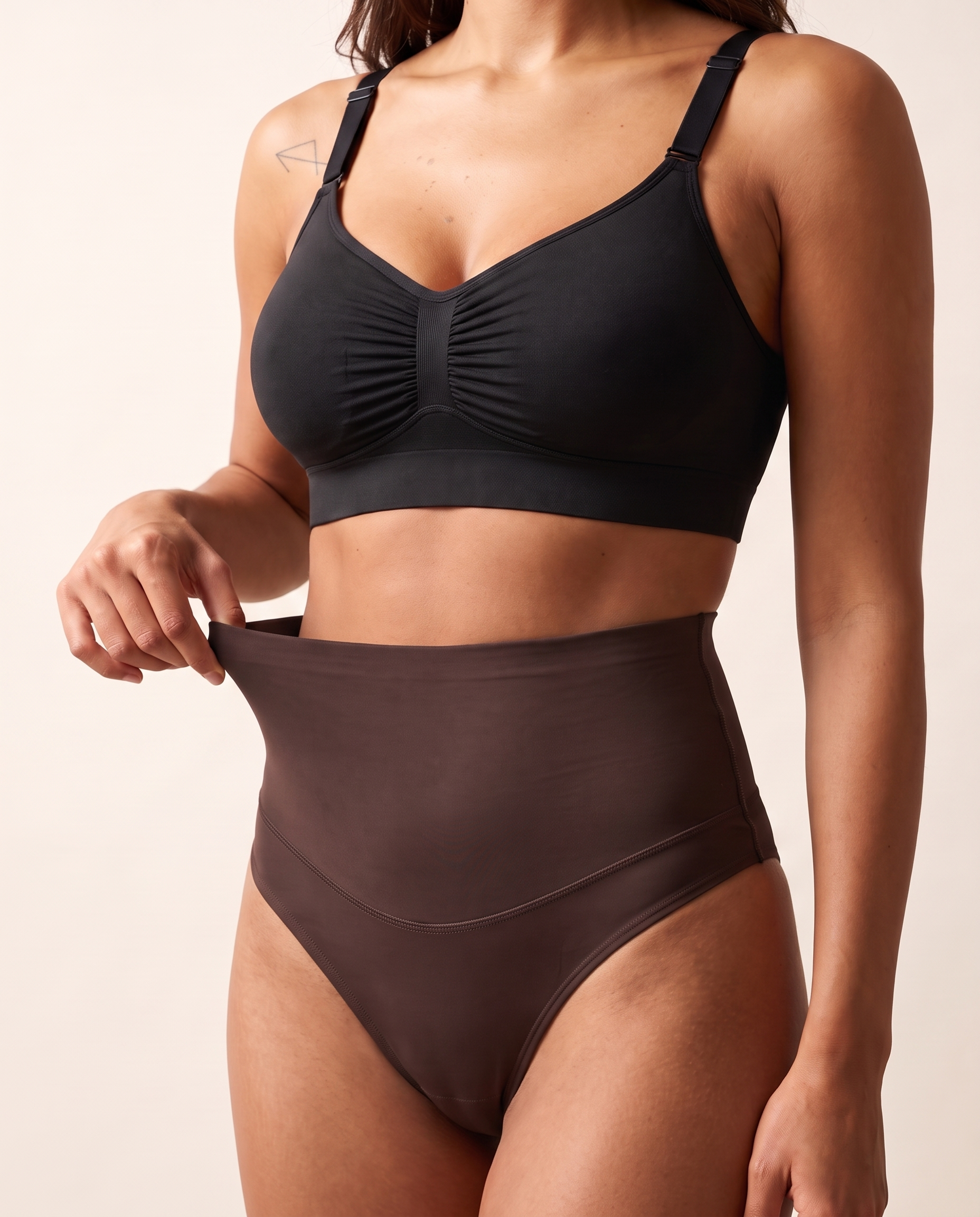 No-Show Tummy Control Thong in Deep Nude — three-quarter product close-up.