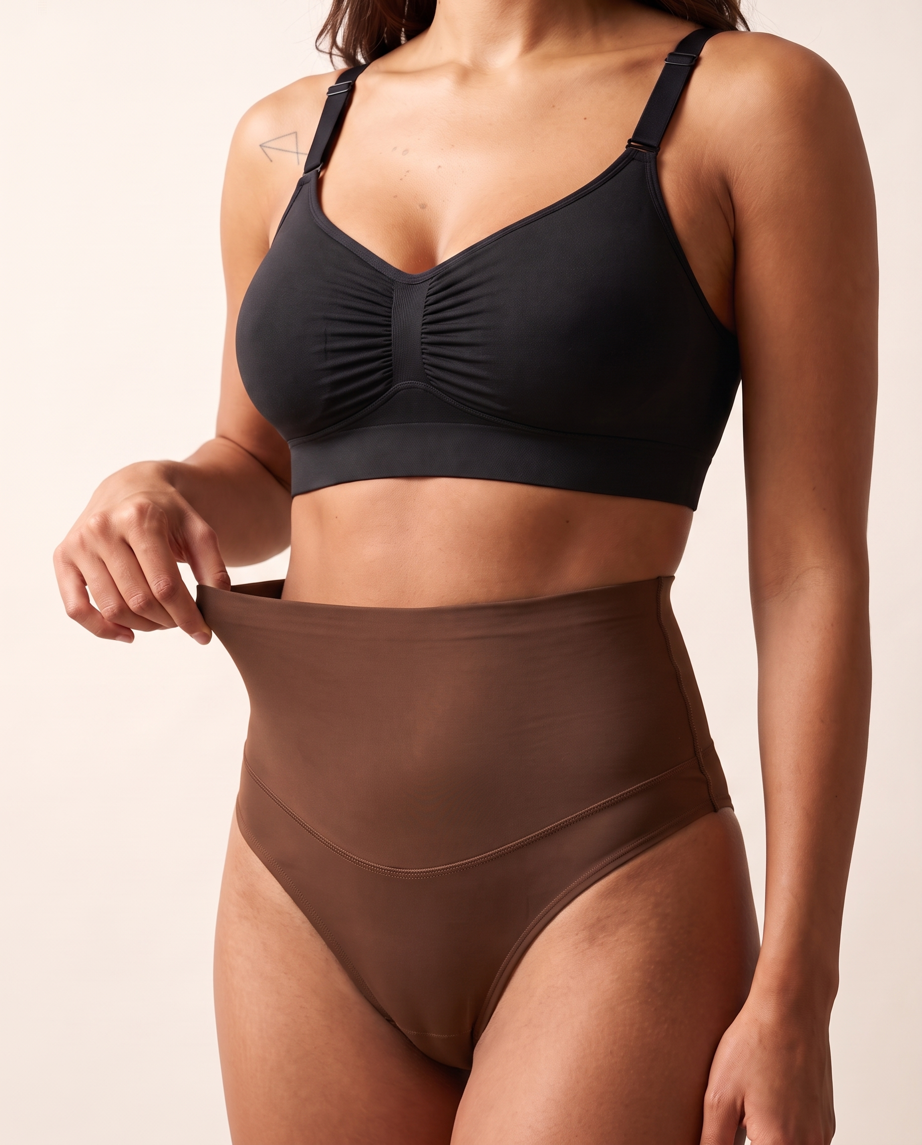 No-Show Tummy Control Thong in Espresso — three-quarter product close-up.