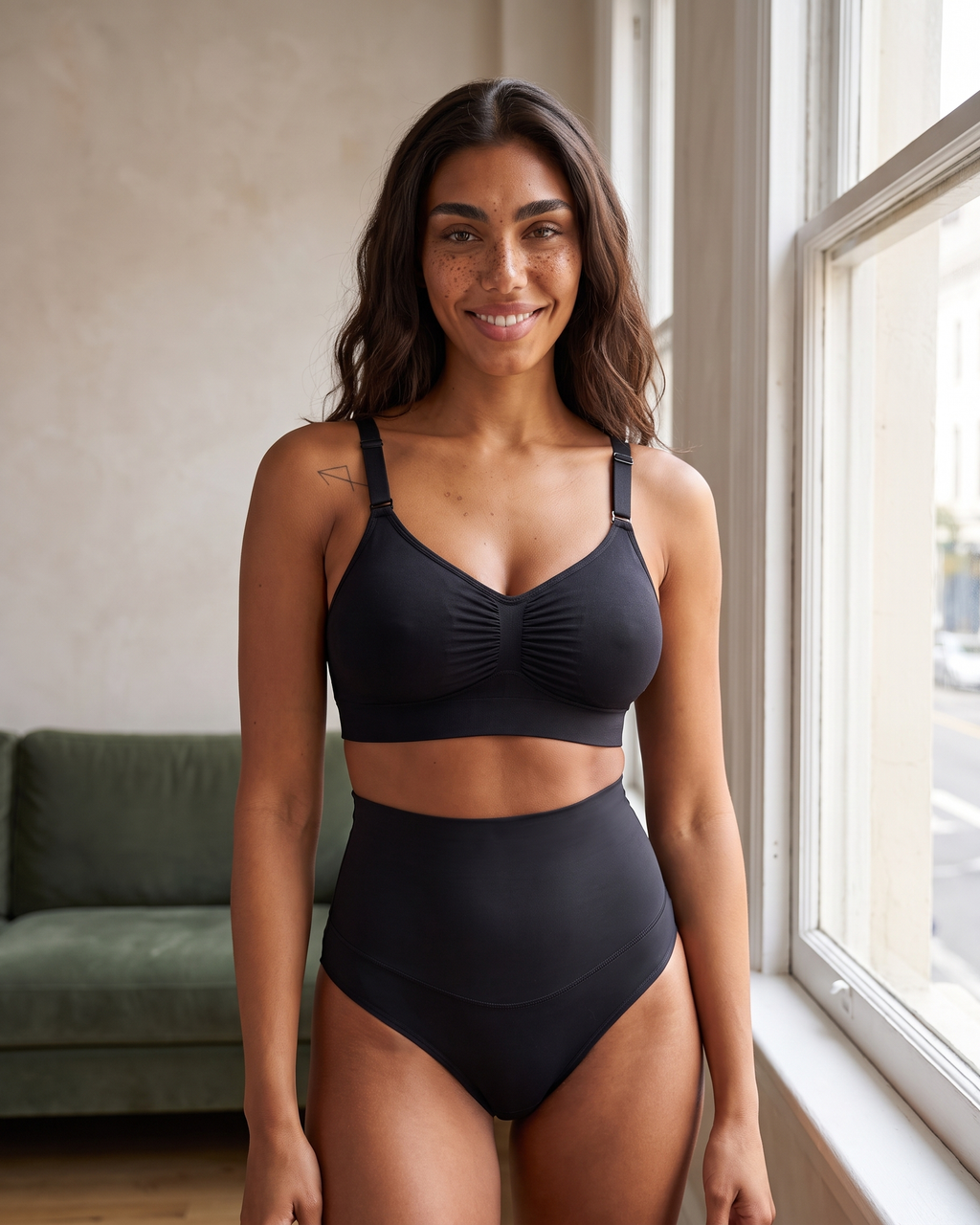 No-Show Tummy Control Thong in Black — by the window on a green couch.