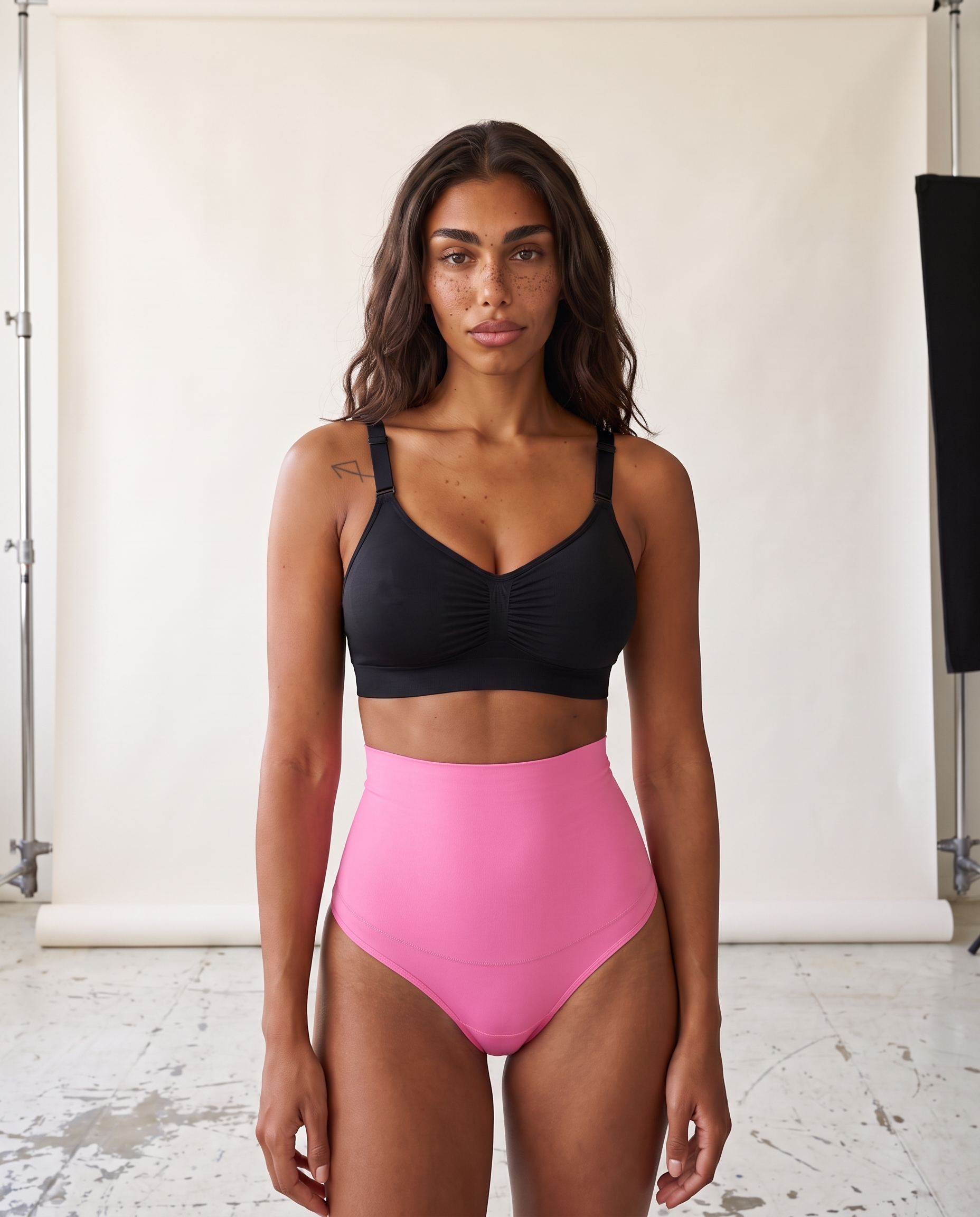 No-Show Tummy Control Thong in Blush Pink — front product view in studio.