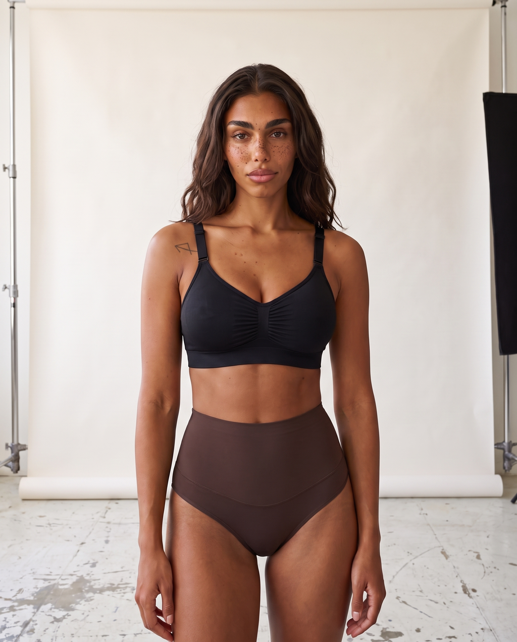 No-Show Tummy Control Thong in Deep Nude — front product view in studio.