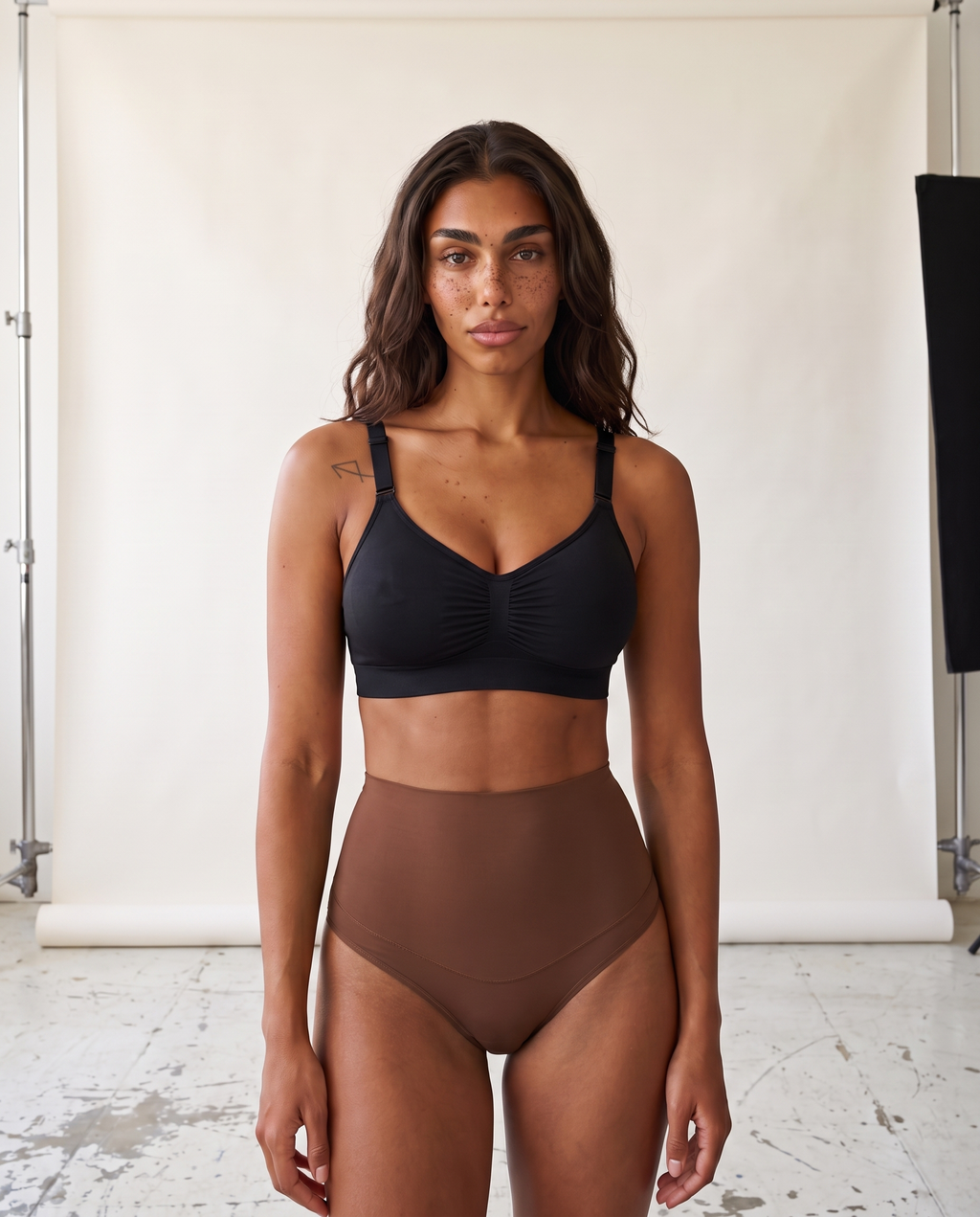 No-Show Tummy Control Thong in Espresso — front product view in studio.