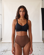 No-Show Tummy Control Thong in Espresso — front product view in studio.