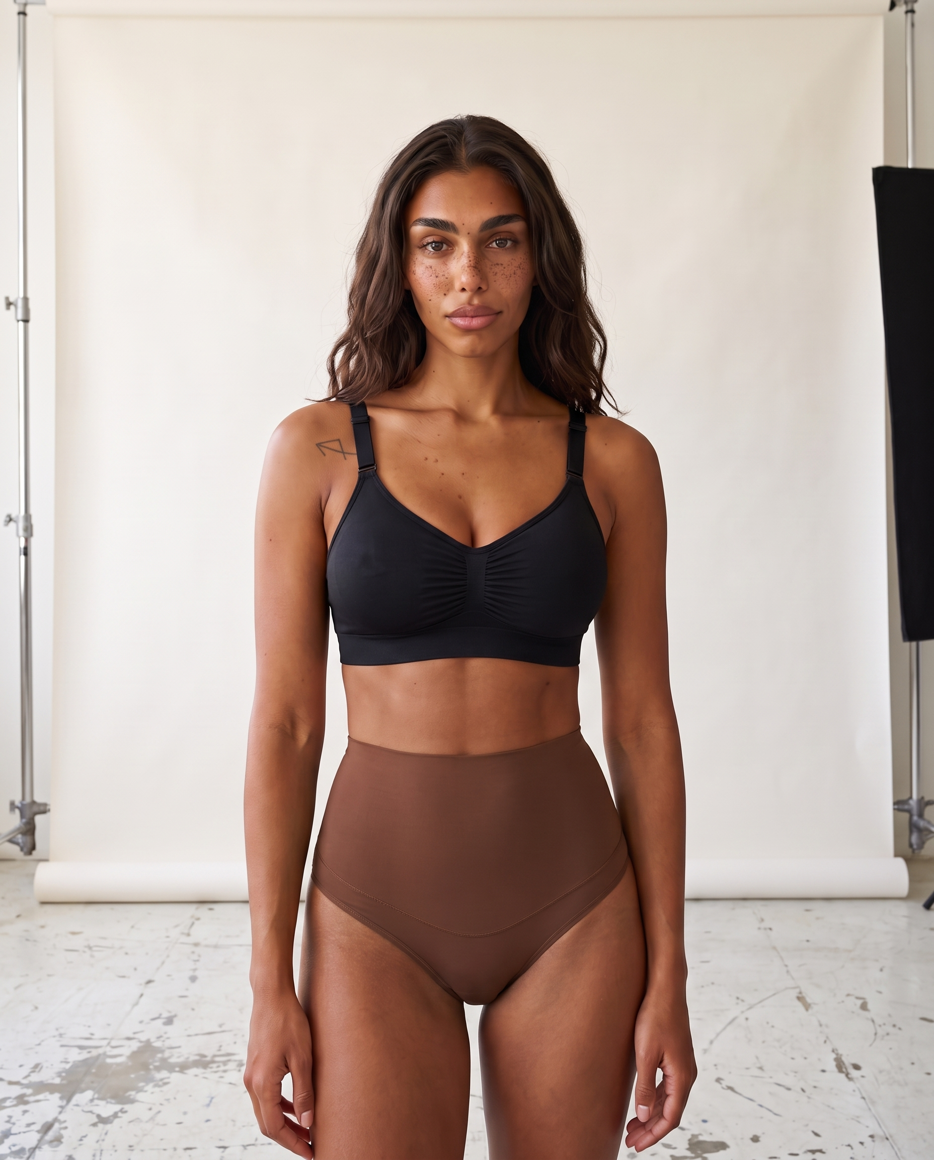 No-Show Tummy Control Thong in Espresso — front product view in studio.